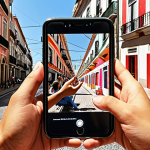 **"Interactive AR Mural in Lisbon":** Depict a vibrant, modern mural in a Lisbon street brought to life with augmented reality elements visible through a smartphone screen. Show pedestrians interacting with the mural, experiencing its animated and interactive features. Capture the essence of urban art enhanced by AR technology.