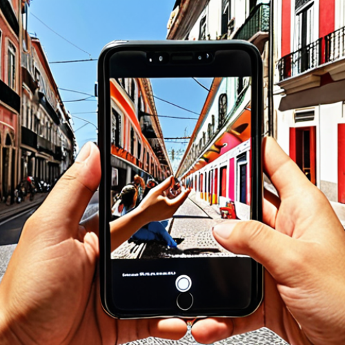 **"Interactive AR Mural in Lisbon":** Depict a vibrant, modern mural in a Lisbon street brought to life with augmented reality elements visible through a smartphone screen. Show pedestrians interacting with the mural, experiencing its animated and interactive features. Capture the essence of urban art enhanced by AR technology.