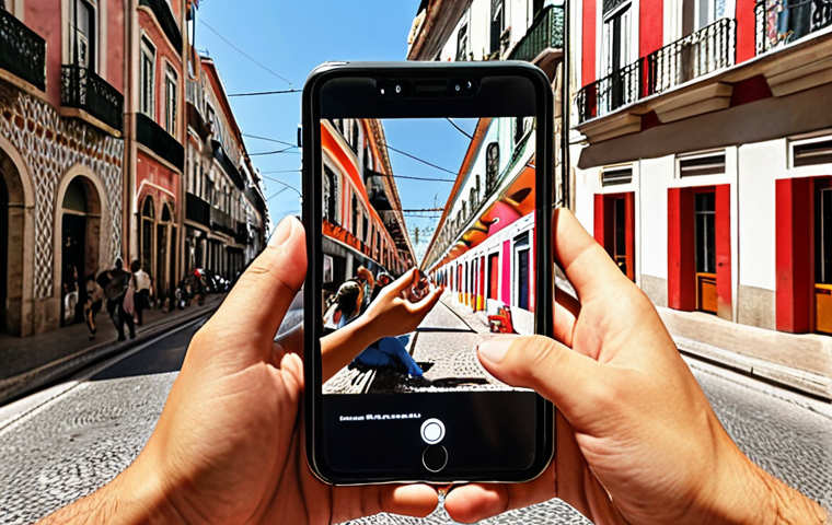 **"Interactive AR Mural in Lisbon":** Depict a vibrant, modern mural in a Lisbon street brought to life with augmented reality elements visible through a smartphone screen. Show pedestrians interacting with the mural, experiencing its animated and interactive features. Capture the essence of urban art enhanced by AR technology.