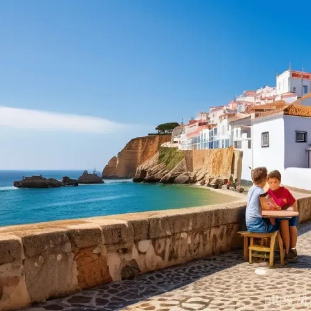 AI 예술과 블록체인 - A serene and vibrant Portuguese coastal village, perhaps reminiscent of Cascais or Nazaré, bathed in...