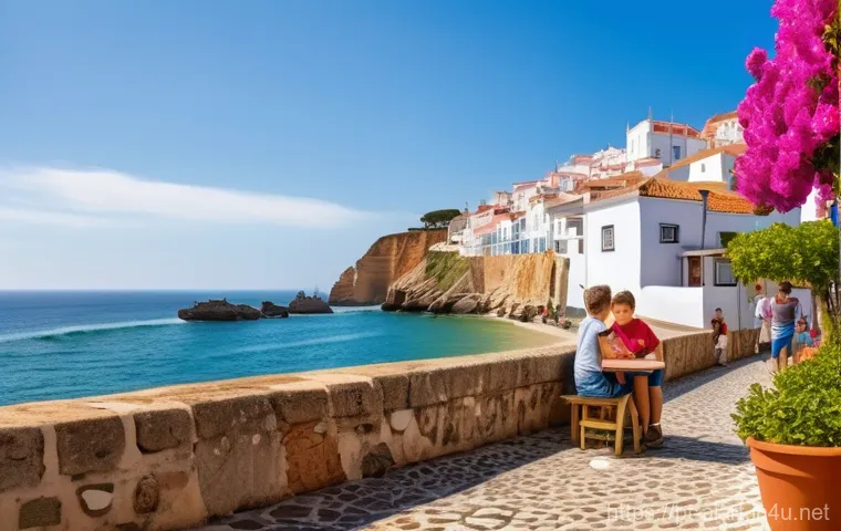AI 예술과 블록체인 - A serene and vibrant Portuguese coastal village, perhaps reminiscent of Cascais or Nazaré, bathed in...