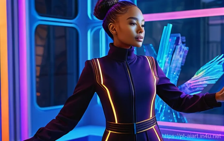 MidJourney 튜토리얼 - **Prompt:** A young, determined female artist in her late 20s, wearing stylish but practical tech-in...