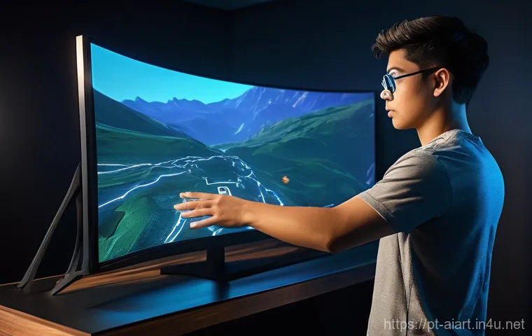 AI 예술과 게임 UI 디자인 - **Prompt:** "A young adult gamer, casually dressed in a t-shirt and jeans, is deeply immersed in a f...