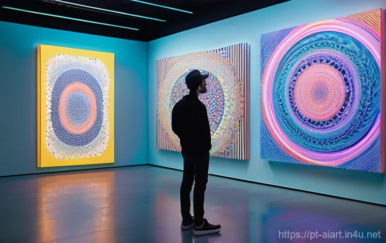 AI 예술과 체험형 미디어 - **Prompt:** "A futuristic art gallery filled with vibrant, ethereal AI-generated digital artworks. T...