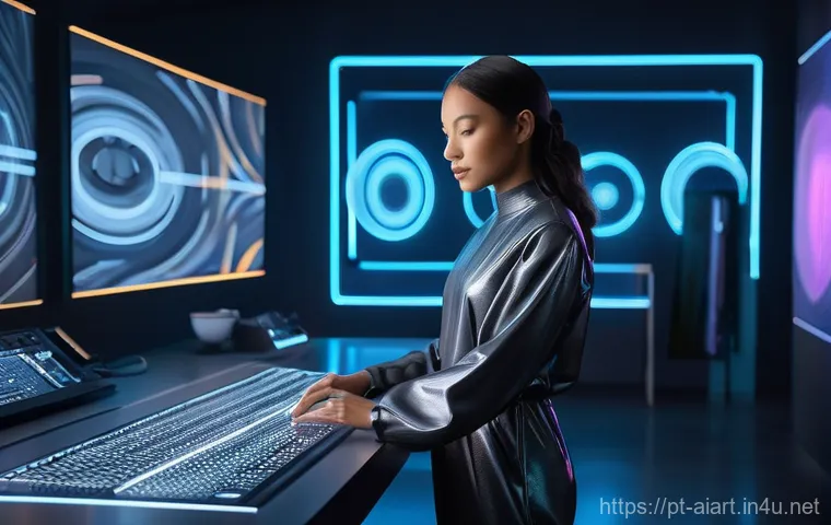 AI 아트 챌린지 - **"Future Artist's Collaborative Creation"**
    A young, focused female artist, dressed in a sleek ...