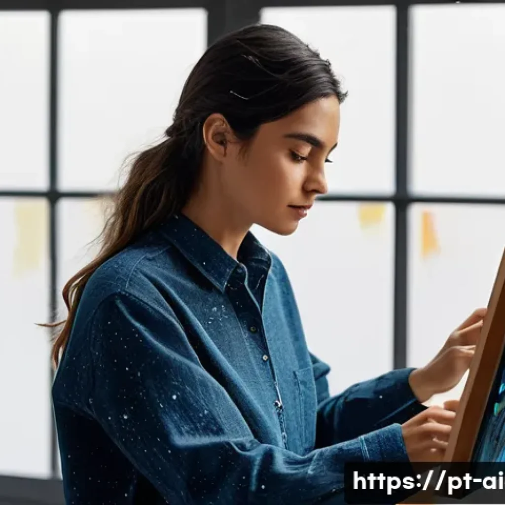 AI 예술과 라이브 페인팅 - **Prompt:** A Portuguese female artist, in her late 20s, wearing stylish yet practical studio attire...