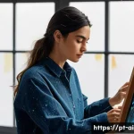 Home 15 AI 예술과 라이브 페인팅 - **Prompt:** A Portuguese female artist, in her late 20s, wearing stylish yet practical studio attire...