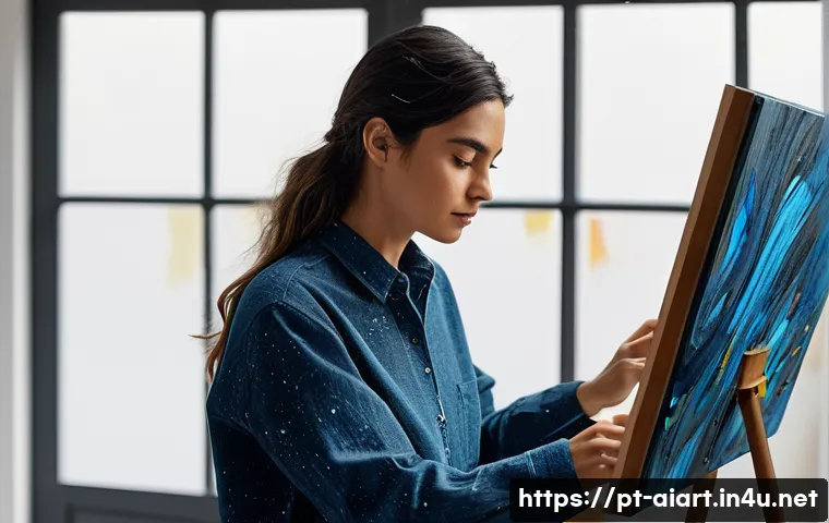 AI 예술과 라이브 페인팅 - **Prompt:** A Portuguese female artist, in her late 20s, wearing stylish yet practical studio attire...