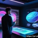 Home 18 AI 예술과 디지털 조각 - A futuristic digital art studio scene showing an artist using advanced 3D modeling software on a lar...