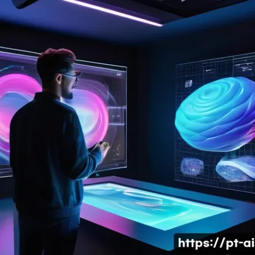 Home 13 AI 예술과 디지털 조각 - A futuristic digital art studio scene showing an artist using advanced 3D modeling software on a lar...