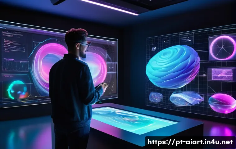 AI 예술과 디지털 조각 - A futuristic digital art studio scene showing an artist using advanced 3D modeling software on a lar...