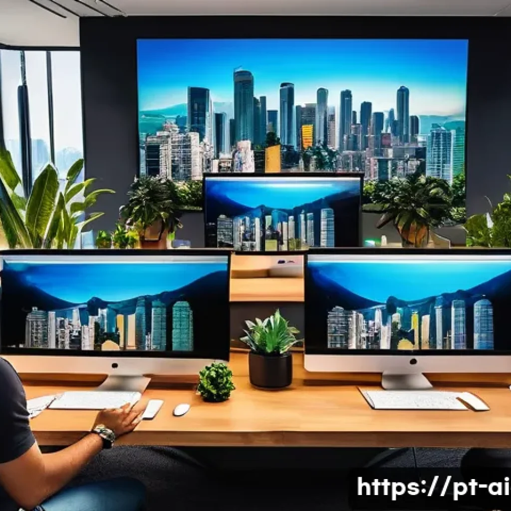 AI 예술과 브랜드 아이덴티티 - A modern creative workspace featuring a diverse team of Brazilian designers collaborating on digital...