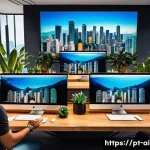 AI 예술과 브랜드 아이덴티티 - A modern creative workspace featuring a diverse team of Brazilian designers collaborating on digital...