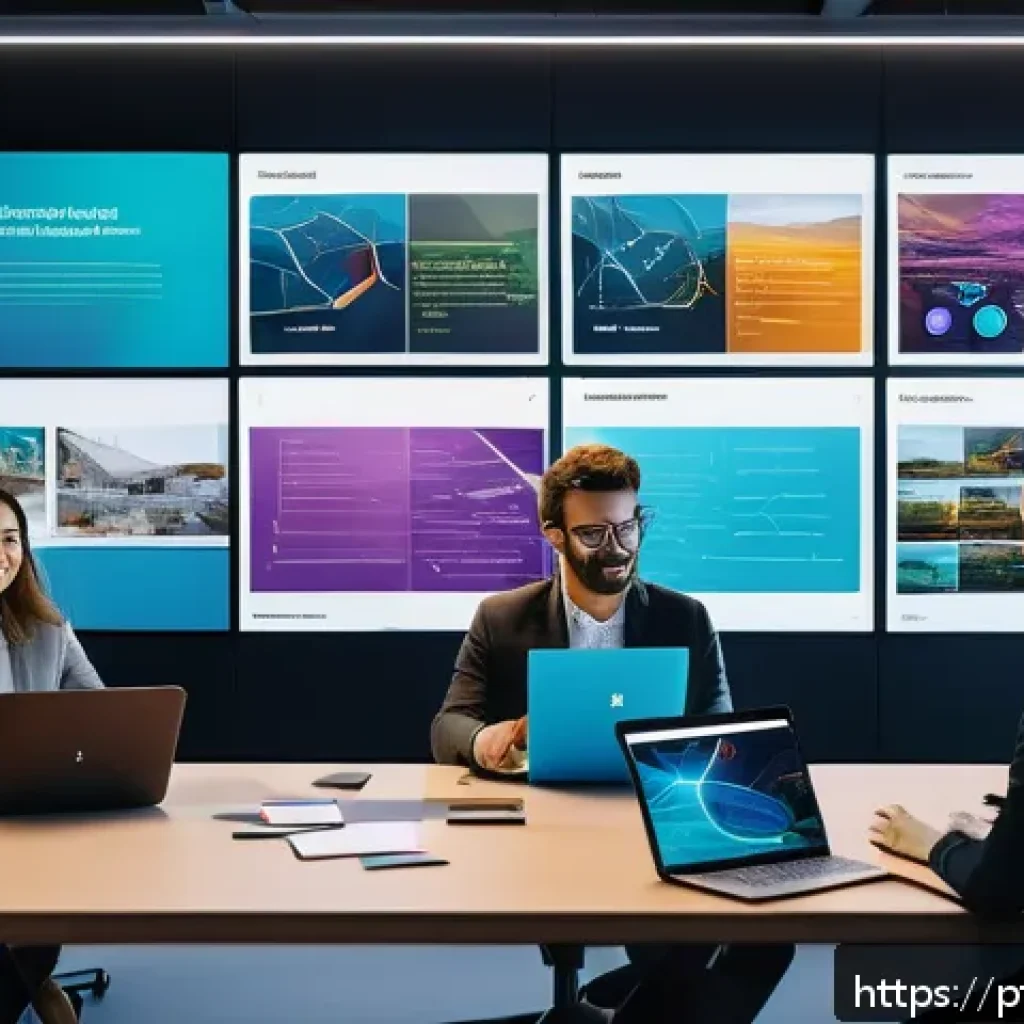 AI 예술과 레이아웃 최적화 - A modern digital design studio workspace featuring a diverse team of creative professionals collabor...