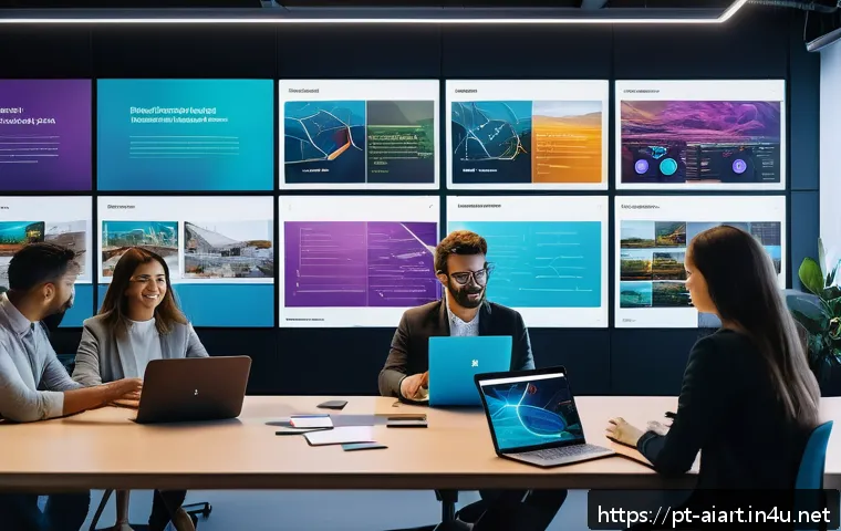 AI 예술과 레이아웃 최적화 - A modern digital design studio workspace featuring a diverse team of creative professionals collabor...