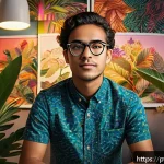 Home 20 AI 예술과 데이터 기반 아트 - A vibrant contemporary Brazilian digital art studio scene, featuring a young artist wearing casual c...