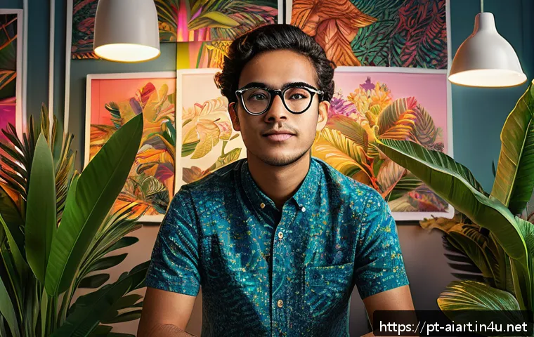 AI 예술과 데이터 기반 아트 - A vibrant contemporary Brazilian digital art studio scene, featuring a young artist wearing casual c...