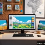 Home 19 AI 예술과 만화 스타일 변환 - A dynamic comic artist’s workspace featuring a digital tablet displaying colorful manga-style charac...