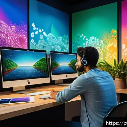 Home 30 AI NFT 예술 - A futuristic digital art studio scene featuring a diverse Brazilian artist wearing casual clothing a...