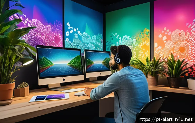 AI NFT 예술 - A futuristic digital art studio scene featuring a diverse Brazilian artist wearing casual clothing a...