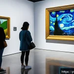 Home 17 AI 예술과 명화 변환 - A digital art gallery scene showcasing a futuristic exhibition where classical paintings like Mona L...