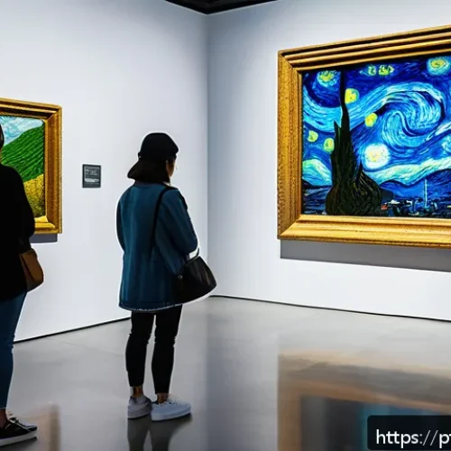 Home 29 AI 예술과 명화 변환 - A digital art gallery scene showcasing a futuristic exhibition where classical paintings like Mona L...