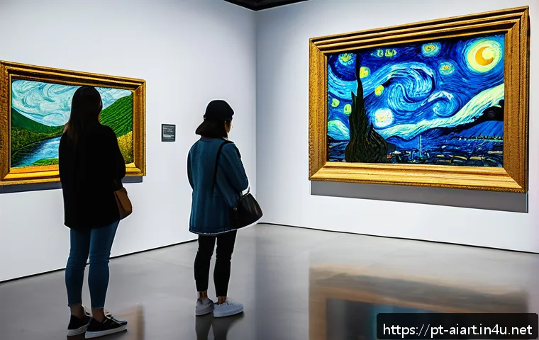 AI 예술과 명화 변환 - A digital art gallery scene showcasing a futuristic exhibition where classical paintings like Mona L...