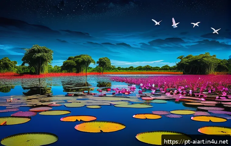 AI 예술과 AI 기반 풍경화 - An abstract digital artwork depicting a dreamlike Brazilian Pantanal wetland, where natural elements...
