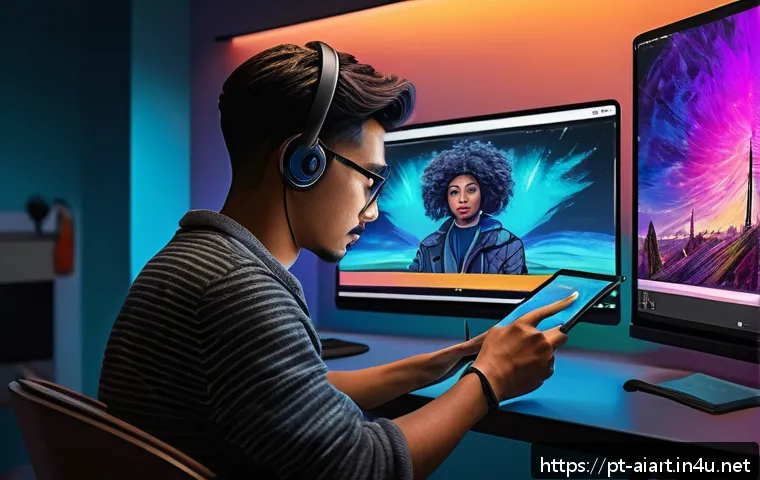 AI 예술과 캐릭터 디자인 - A digital artist's creative studio showcasing a diverse collection of character sketches on multiple...
