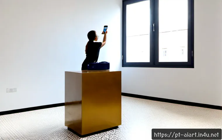 Home 16 AI 예술과 AR 아트 - Photorealistic contemporary art gallery in Lisbon, Portugal, an adult visitor using a smartphone to ...