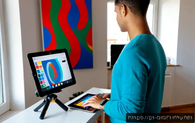 AI 예술과 소셜미디어 콘텐츠 - Photorealistic modern creator workspace in Lisbon, Portuguese-speaking young adult using a tablet wi...