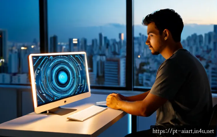 Home 16 AI 예술과 해킹 아트 - Photorealistic creative studio in São Paulo at dusk, a Brazilian digital artist wearing casual stree...
