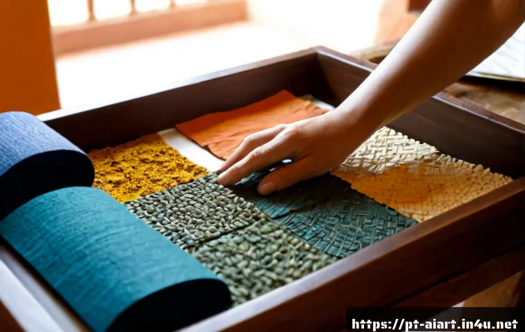 AI 예술과 텍스처 생성 - Photorealistic close-up of an artist’s hands arranging richly textured handmade papers, woven fabric...